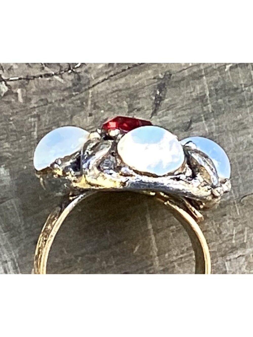 Vintage Ornate Faux Opal and Red Rhinestone Gold Tone Adjustable Cocktail Ring - Picture 7 of 7